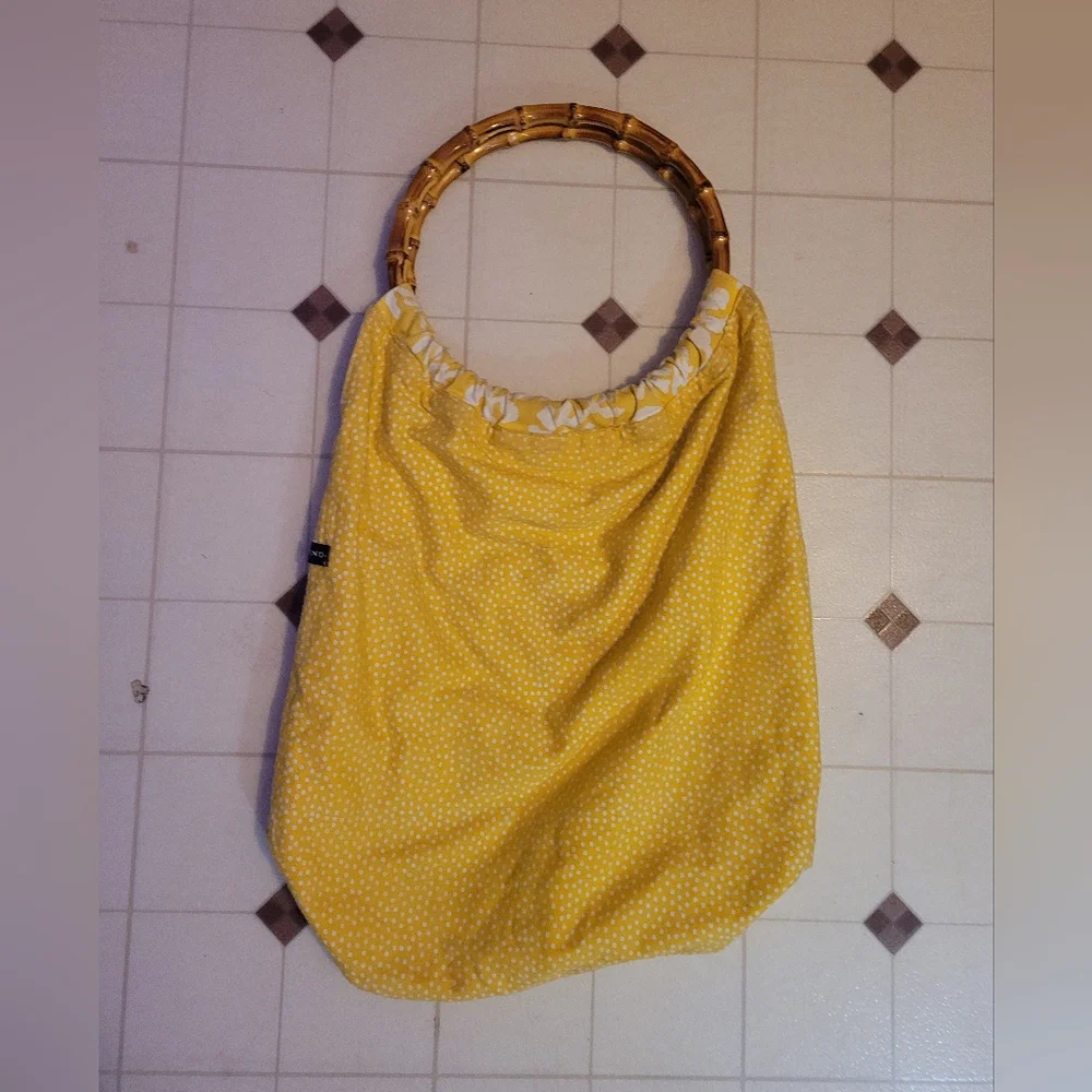 Lands End Bamboo Handle Bag Large Yellow White Floral Polka Dots